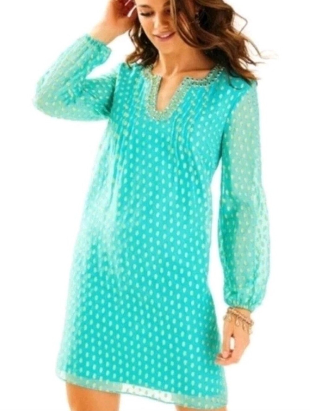 Lilly Pulitzer Colby Silk Tunic Dress Torquise/Gold Crinkle Beaded Jacquard